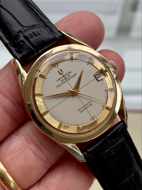 Universal Geneve Vintage Gold Polerouter Date Vintage Watches For Sale, Universal Geneve, Breitling Watches Mens, Omega Watch Vintage, Mens Watch Brands, Mens Digital Watches, Stylish Watches Men, Timeless Watches, Trendy Watches