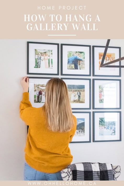 Picture Wall Measurements, Grid Gallery Wall Dining Rooms, How To Do Picture Wall, How To Hang 9 Pictures On Wall, How To Hang A Picture Wall, Hanging A Gallery Wall Tips, Grid Style Gallery Wall, Three Pictures On Wall Layout, 12 Photo Gallery Wall