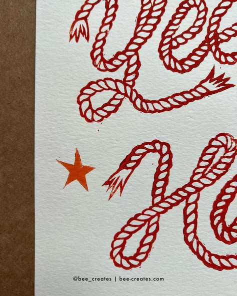 Coming soon 🤩 Limited run of these YEE HAW rope prints coming to my shop Monday! Save the date and subscribe to my newsletter if you want a discount 🤠 #blockprint #blockprinting #linocut #wildwest #westernvibes #wallart #homedecor #westerndecor #cowboyboots #printshop #shopsmall Lasso Illustration, Cowboy Branding Design, Texas Branding, Rodeo Illustration, Cowboy Typography, Rodeo Design, Tie Drawing, Custom Matchbooks, Cowboy Graphic