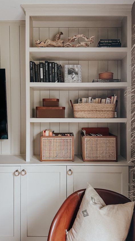 The DIY Built-Ins Are Done! Plus a Sneak Peek - ORC Week 7 - Pretty Real Built Ins With Upper Cabinets, Wall Cabinets Living Room Storage Built Ins, Tan Built Ins, Diy Basement Built Ins, Premade Cabinets Built Ins, Accessible Beige Built Ins, Built In Shelves Nook, Two Tone Built Ins, Built In With Drawers