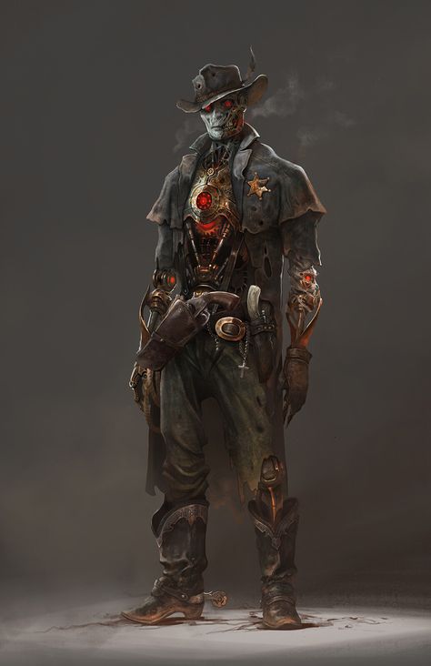 ArtStation - Robot Cowboy, Jian Li Cowboy Artificer, Steam Punk Cowboy, Cowboy Warforged, Steampunk Cowboy Character Design, Futuristic Cowboy Concept Art, Old Man Art Character Design, Warforged Gunslinger, Cowboy Robot, Steampunk Cowboy