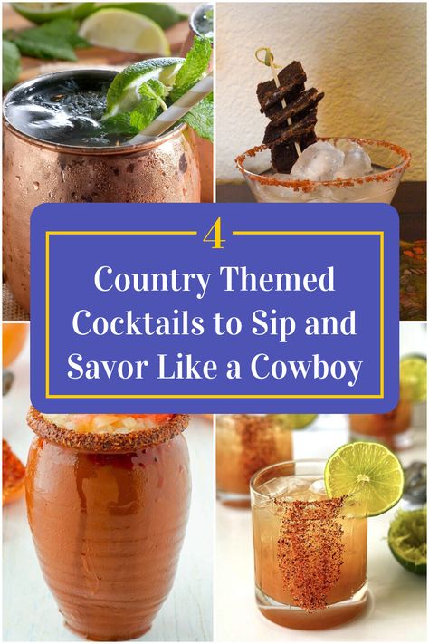 Collage of 4 country themed cocktails. Cowboy Drinks Alcohol, Mocktail Names, Pregame Drinks, Country Themed Parties, Night In With Friends, Themed Cocktails, Drink Recipies, Good Drinks, Drink Names