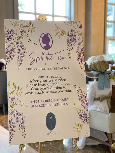 Bridgerton Tea at Hotel Crescent Court - The Rose Table Bridgertons Decor, Bridgerton Theme Party Ideas, 30th Tea Party, Bridgerton Welcome Sign, Brigerton Party Decoration, Brigerton Bachelorette, Bridgerton Girls Night, Bridgestone Party Ideas, Bridgerton High Tea Party