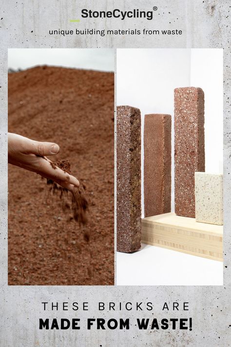 WasteBasedBricks® - Sustainable Building Materials from Waste by StoneCycling® || #sustainability #buildingmaterial #construction #architecture #interiordesign #architect #materials #material #upcycling #recycling #stonecycling #brick Sustainable Building Materials Construction, New Building Materials, Recycled Materials Architecture, Sustainable Construction Materials, Sustainable Materials Interior Design, Recycled Building Materials, Biomaterials Architecture, Material Research Architecture, Sustainable Interior Design Materials