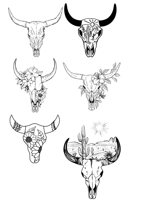 Longhorn Tattoo On Thigh, Flower Fill In Tattoos Sleeve, Western Bull Skull Drawing, Easy Country Tattoos, Farmer Tattoo Ideas Men, Bull Skull Leg Tattoo, Longhorn Skull Tattoo Men, Women Country Tattoos, Cow Skull Chest Tattoo