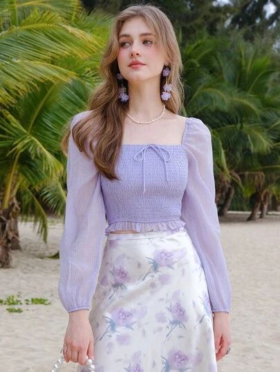 Lantern Sleeved Blouses, Myanmar Dress Design, Myanmar Dress, Purple Outfits, Korean Fashion Dress, Shein Dress, Mode Casual, Purple Top, Mode Inspo