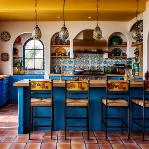 20 Colorful Mexican Inspired Design and Decor Ideas - Rhythm of the Home Mexican Kitchen Modern, Mexican Style Homes Interior Design, Contemporary Mexican Interior Design, Mexican Decor Kitchen, Hacienda Style Homes Mexican Kitchen, Mexican Kitchen Decor Modern, Mexican House Aesthetic, Southwestern Kitchen Ideas, Mexican Kitchen Decor Ideas