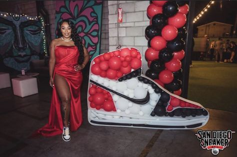 Sneaker Gala Party Outfit Ideas, 18th Birthday Sneaker Ball, 30th Birthday Sneaker Ball, Red Carpet Sneaker Ball, Jordan Balloon Decor, Sweet 16 Sneaker Party Ideas, Jordan Year Birthday Party Ideas, Jordan Decorations Birthday Parties, 40th Sneaker Ball Party