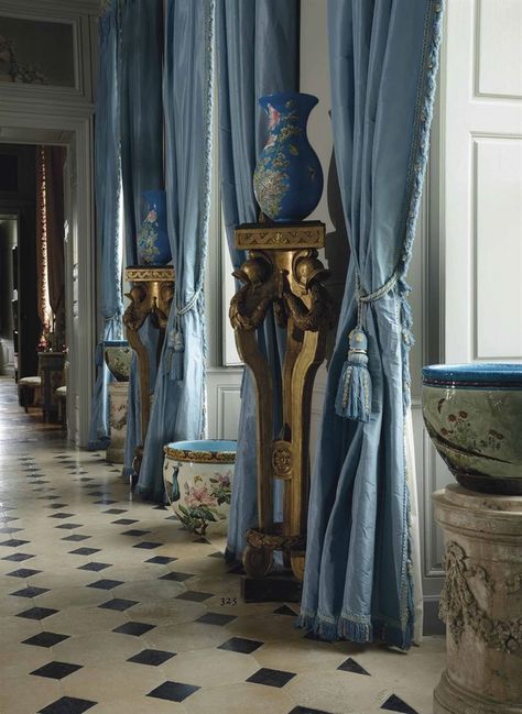 Enfilade with lovely silk curtains at French chateau Chateau Style, Chatsworth House, French Interiors, Blue Curtains, French Interior, French Chateau, Design Del Prodotto, French Furniture, French Country Style