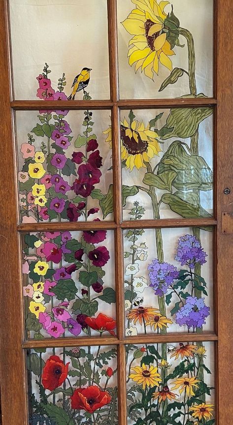 Painted Window Art, Painting On Glass Windows, July Decoration, Flower Door, Window Crafts, Grandma's Garden, Garden Window, Glass Window Art, Window Ideas