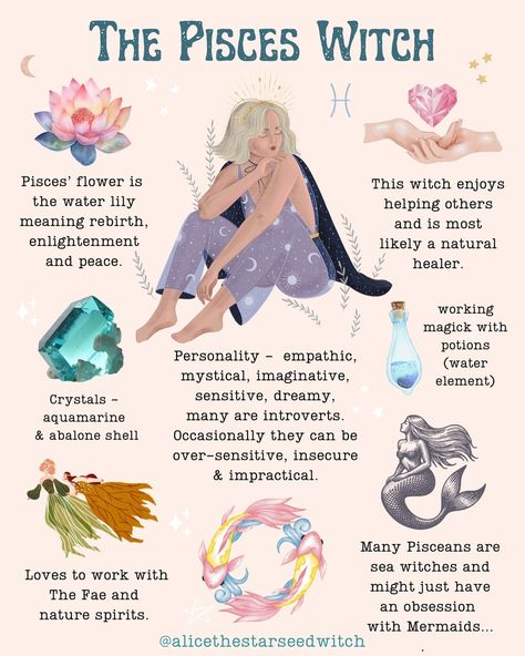 Alice Kendall | PISCES WITCH ♓️ Next in my series of Zodiac Witches, now it’s time for the Pisces Witch… Pisces sun, moon and rising people can you… | Instagram Pisces Witch, Pisces Flower, Pisces Friend, Zodia Pești, Aquarius Pisces Cusp, Sun Moon And Rising, Pisces Sun, Pisces Personality, Pisces Traits