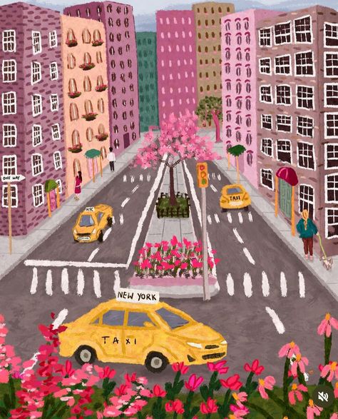 Did Drawing, New York Illustration, New York Print, Baby Shower Art, Nyc Art, Contrasting Colours, City Painting, Cherry Blossom Flowers, City Illustration