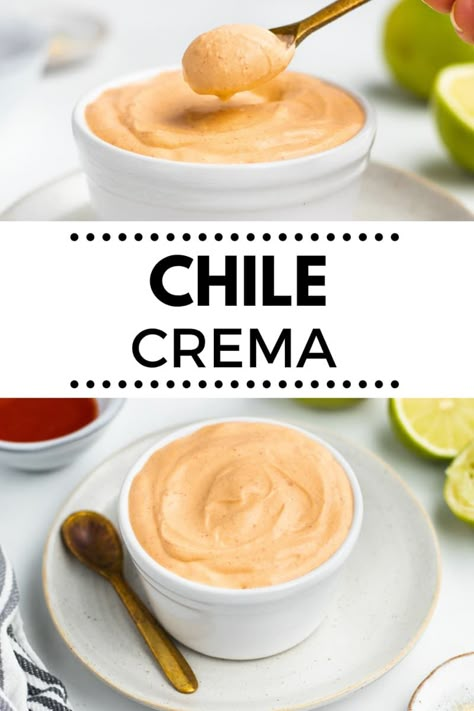 Creamy and spicy Chile Crema is the best topping for tacos or any of your favorite Mexican meals! It's super simple to make this chile crema recipe with sour cream and chile paste, and it only takes 5 minutes to create. Spicy Crema Recipe, Spicy Sour Cream Sauce, Chili Crema, Mexican Crema Recipe, Homemade Crema, Qdoba Chicken, Red Salsa Recipe, Spicy Crema, Make A Cookbook