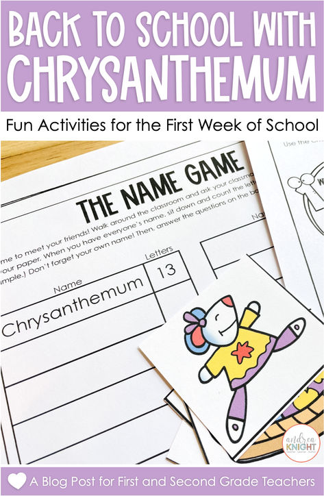 We read Chrysanthemum at the beginning of each school year. Not only is the topic a good one for talking about healthy and respectful classroom communities, but because her name is sooo long, the story lends itself well to fun name activities on the first day of school. In this post, I share an activity that's perfect for 2nd grade children who have experience collecting and graphing data (math skills they likely learned the year before) and a differentiated version for new firsties. Come see! First Day Of Grade 2 Activities, Kindergarten Kindness, Chrysanthemum Activities, 2nd Grade Class, First Day Jitters, Kevin Henkes, First Day Activities, First Week Of School Ideas, First Week Of School