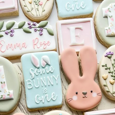 LG Sweets on Instagram: "SomeBUNNY is turning one! 🐰💛🌷" Some Bunny Is Turning One Cookies, First Birthday Sweet One, Some Bunny Is One Cookies, Bunny 1st Birthday Party Girl, Somebunny Is Turning One, Bunny Birthday Cookies, Two Year Old Bunny Party, First Birthday Girl Bunny Theme, Somebunny Is Turning One Invitations