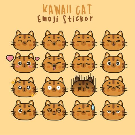 Premium Vector | Set kawaii cat cute faces funny cartoon emoticon in different expressions for social networks. expression anime character and emoticon face illustration Cat Expressions Illustration, Excited Cartoon Face, Cartoon Cat Expressions, Cat Faces Illustration, Cartoon Expressions Faces, Cat Expressions Drawing, Cute Cat Expressions, Cat Character Illustration, Cat Face Illustration