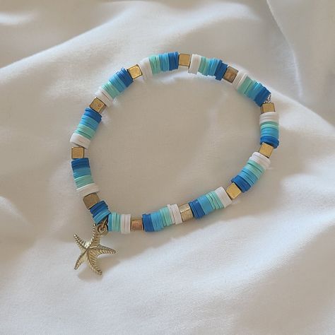 Ocean Theme Clay Beaded Bracelet - stretchy - handmade Ocean Themed Arts And Crafts, Make Clay Beads Ideas, Vacation Clay Bead Bracelets, Blue Summer Bracelets, Ocean Themed Clay Bead Bracelets, Bracelets Diy Clay Beads, Clay Bracelet Designs, Handmade Stretch Bracelet With Round Beads For Vacation, Beach Clay Bracelets