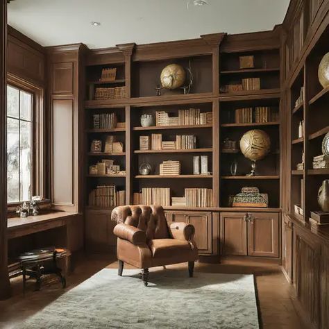 McGee features a built-in shelving Traditional Built In Bookshelves, Dark Wood Built In Bookshelves, Wood Stained Built Ins, Custom Bookshelf Ideas, Full Wall Built In Bookshelves, Long Built In Shelves, Built In Shelves Library, Walnut Built In Bookshelves, Stained Built In Bookshelves