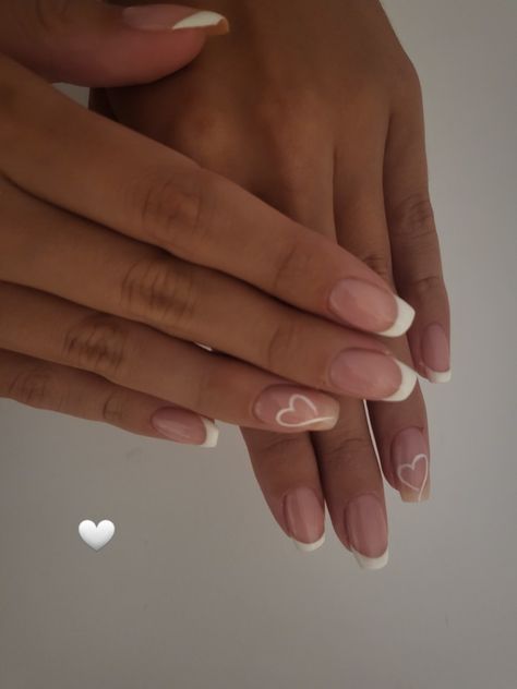 Gel Nails French, Ring Finger Nails, Vday Nails, Heart Nail Designs, February Nails, Simple Gel Nails, Basic Nails, French Tip Acrylic Nails, French Acrylic Nails