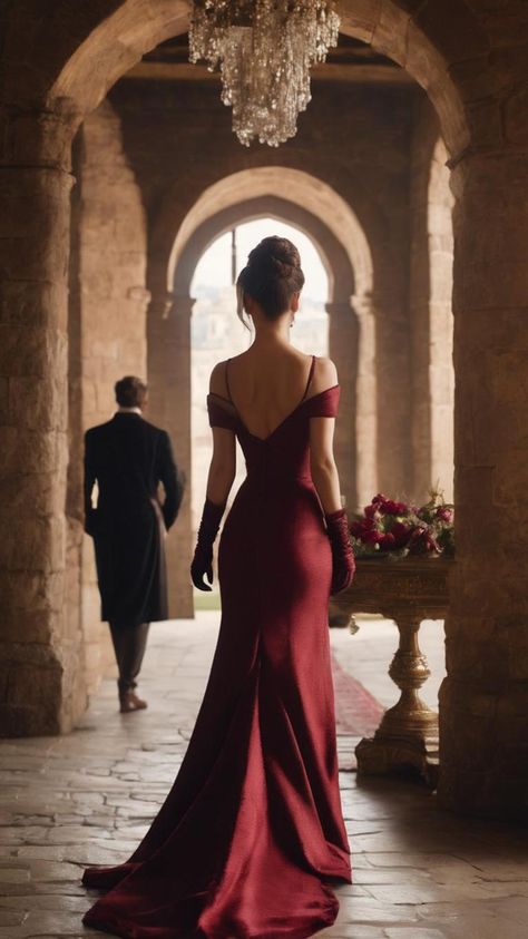 Dark Vintage Romance Aesthetic, Red Gala Dress Classy Long Sleeve, Red Elegant Wedding Dress, Mermaid Tale Dress, Dark Feminine Dresses Long, Dark Red Dress Long Elegant Classy Ball Gowns, Dark Maroon Prom Dress, Red Fantasy Dress Aesthetic, Hairstyles For Red Dress