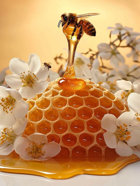 Honey Dripping from Honeycomb with Bee Honeycomb Dripping Honey, Honeycomb Images, Beehive Aesthetic, Honey Bee On Flower, Bee Honey Design, Bee Pictures Art, Honey Background, Honey Wallpaper, Honey Pictures