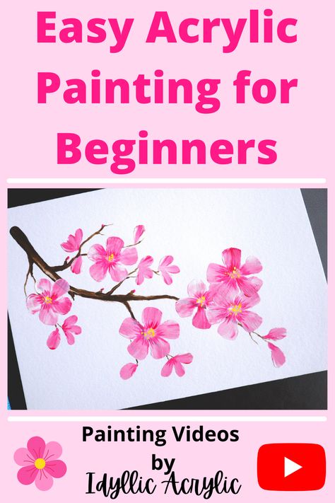 Cherry Blossoms Paintings, Painting Cherry Blossoms Easy, How To Paint Cherry Blossoms Easy, Cherry Blossom Gouache, How To Paint Cherry Blossoms Acrylic, Cherry Blossom Painting Tutorial, Easy Cherry Blossom Painting, How To Paint Cherry Blossoms, Easy Acrylic Painting Ideas Simple