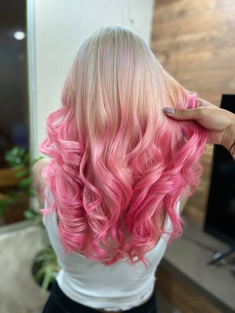 Blonde With Pink Balayage, Bright Pink Highlights In Blonde Hair, Blonde And Hot Pink Hair, Blonde Hair With Pink Ends, Blonde Hair With Pink Tips, Pretty Haircut, Pink And Blonde Hair, Pink And White Hair, Pink Hair Highlights