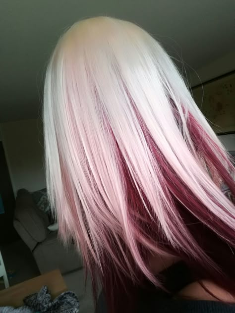 Pink Hair With Red Underneath, White Hair Red Streaks, Cute Ways To Dye Your Hair Blonde, Under Dyed Hair Red And Blonde, White To Red Hair, Red And Blonde Underneath Hair, Blonde With Dyed Tips, White Hair Red Highlights, Deep Red And Blonde Hair Color