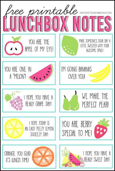 Free Printable Lunchbox Notes, 3 full pages to print - thecraftedsparrow.com Lunchbox Printables, School Lunch Notes, Printable Lunchbox Notes, Kids Lunch Box Notes, Lunchbox Notes For Kids, Printable Lunch Box Notes, Lunchbox Jokes, Gymnastics Quotes, Lunchbox Notes