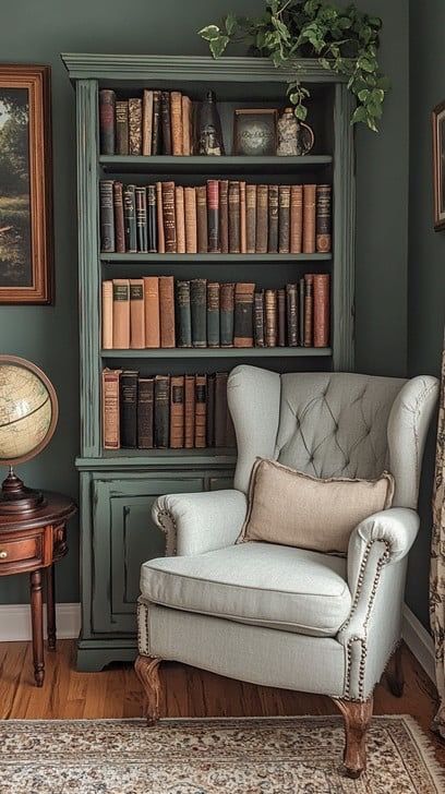 Nestled in a tranquil corner of the room, this cozy reading nook beckons with its plush, tufted armchair and an adjacent bookshelf brimming with an eclectic mix of books. The backdrop of rich, dark green walls complements the warm beige of the armchair and the wooden tones of the furniture, creating an intimate and inviting atmosphere. A small wooden side table hosts a vintage globe, adding a touch of old-world charm. Perfect for long hours of reading or simply relaxing, this nook offers a peace Green Armchair Reading Nook, Dark Green Moody Library, Old Vintage Furniture, Small Living Room Library Ideas, Cottage Reading Corner, Light Academia Reading Nook, Reading Nook Vintage, Chair In Front Of Bookcase, Dark Green Reading Room