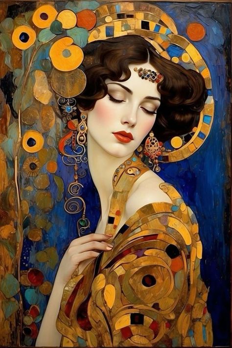 Art Ladies Art Klimt, Gustav Klimt Art, Art Deco Artwork, Klimt Paintings, Klimt Art, Art Nouveau Illustration, Painting Woman, Tableau Art, Gothic Art