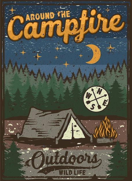 Poster vintage retro camp fishing hiking... | Premium Vector #Freepik #vector #hiking-logo #adventure #camping-background #mountain-logo Camp Poster Ideas, Youth Camp Poster, Mobile Food Pantry, Title Lettering, Camp Poster, Camping Wallpaper, Vintage Adventure, Tree Camping, Poster Vintage Retro