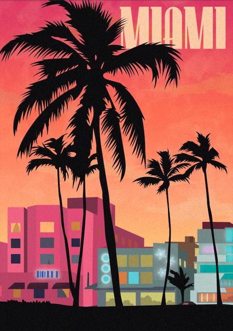 Miami Postcard Vintage, Vintage Miami Poster, Miami Painting Ideas, Maimi Aesthetic, Miami Vibes Aesthetic, Miami Aesthetic Wallpaper, Miami Postcard, Miami Drawing, Miami Background