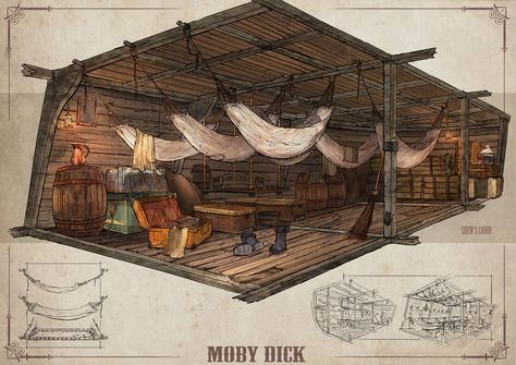 Pirate Ship Interior Concept Art, Pirate Ship Floor Plan, Pirate Ship Design Concept Art, Ship Interior Concept Art, Pirate Ship Concept Art, Pirate Ship Interior, Pirate Ship Bedroom, Pirate Ship Design, Ship Interior