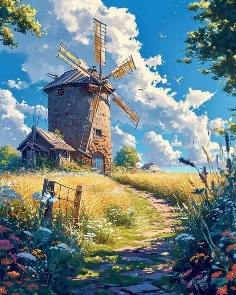 Windmill Painting, Best Painting Ever, 3d Art Painting, Windmill Art, Best Paintings, Oil Painting Nature, Beautiful Abstract Art, Painting Nature, Cottage Art