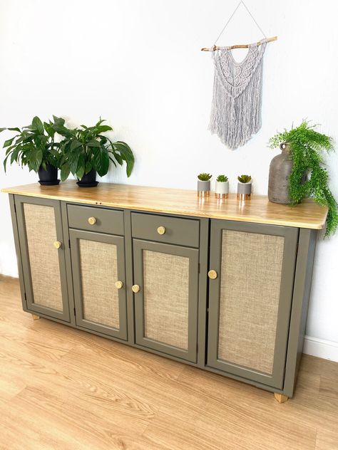 Green Sideboard, Rattan Webbing, Blue Chest Of Drawers, Sideboard Tv, Pine Sideboard, Rattan Sideboard, Retro Sideboard, Painted Sideboard, Furniture Rehab