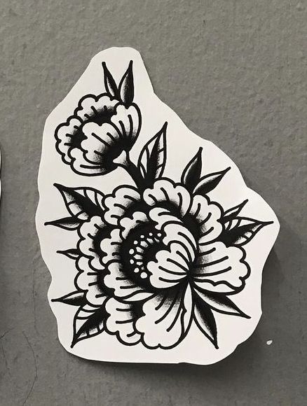 Chrysanthemum Tattoo Traditional Black, Old School Flower Tattoo Stencil, Tradition Style Flower Tattoo, Traditional Leg Sleeve Black And Grey, American Traditional Floral Tattoo Black, Black Peony Tattoo Traditional, Butterfly Ditch Tattoos, American Trad Peony, Traditional Poppy Tattoo Black