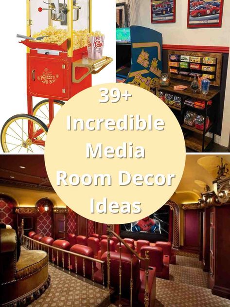 39+ Incredible Media Room Decor Ideas - PinkPopDesign Cinema Room Ideas Decor, Diy Movie Room Decor, Theatre Room Decor Ideas, Movie Theatre Bedroom Ideas, Movie Theme Room Decor, Retro Media Room, Game And Movie Room Ideas, Family Media Room Ideas, Movie Room Poster Ideas