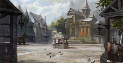 Janholt European Town, Elder Scrolls Art, Fantasy Cities, Fantasy Locations, Fantasy Settings, Fantasy Town, Concept Art World, Medieval City, Medieval Village