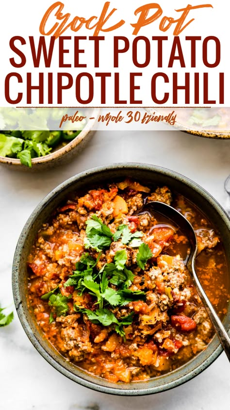 Chipotle Chili Recipe, Crock Pot Sweet Potatoes, Easy Whole 30, Paleo Menu, Potato Chili, Paleo Chili, Leftover Recipes, Macaroni Recipes, Chipotle Chili