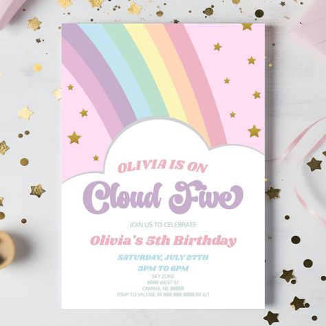 Cloud Five Rainbow and Stars 5th Birthday Party Invitation Fifth Birthday Party Themes, Five And Fabulous Birthday Party Ideas, Girl 5th Birthday Party Themes, Five Year Old Birthday Theme, Fifth Birthday Theme, Rainbow 5th Birthday Party, 5 Year Birthday Party Ideas, 5th Birthday Themes, Cloud 9 Party