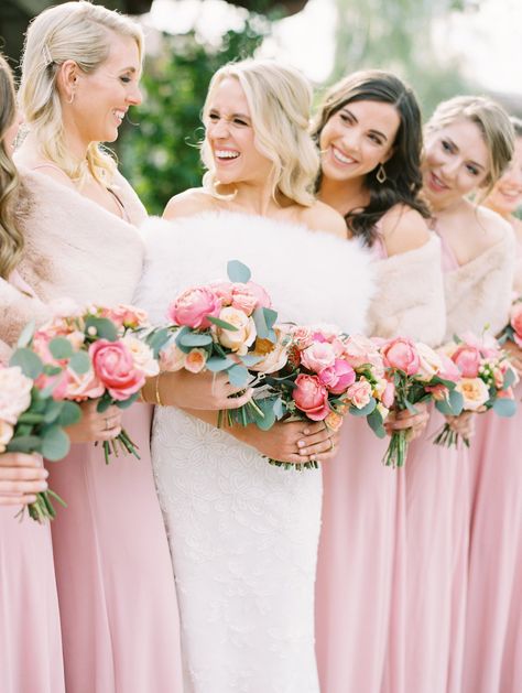 blush bridesmaids, winter wedding ideas, bridal fur shawl, bridesmaid stole, coral charm peony bouquet, bridesmaid bouquets, pink bridal bouquet - Paradise Valley Country Club wedding - Rachel Solomon Photography Bridesmaid Dress Sleeves, Winter Bridesmaid Gifts, Bouquets With Peonies, Pink Winter Wedding, Bridesmaid Dress Dusty Blue, Bridesmaid Dress Burgundy, Wedding Color Schemes Winter, Country Bridesmaid, Winter Bridesmaid