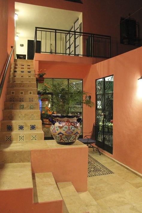 Night view of patio and stairs Kevin Carpenter 2013 Rajasthani Home Interior Design, Mexican House Design, Mexico House Ideas, Mexican Style Home, Mexican House, Hacienda Style Homes, Mexico House, House Roof Design, House Balcony Design