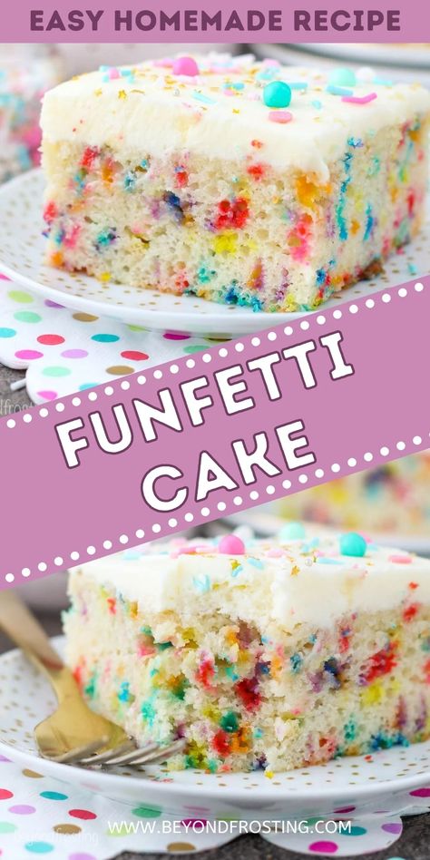 This Homemade Funfetti Cake takes just 20 minutes to prep. It's moist, dense, spongy, packed full of vanilla flavor and sprinkles, and topped off with light and creamy homemade vanilla buttercream frosting! Vanilla Funfetti Cake, How To Make Funfetti Cake, Homemade Confetti Cake Recipes, Vanilla Confetti Cake, Diy Funfetti Cake Recipe, Single Layer Funfetti Cake, Vanilla Funfetti Cake Recipe, Funfetti Homemade Cake, Simple Confetti Cake