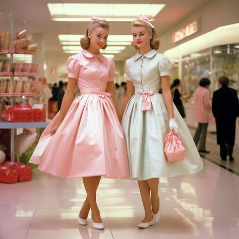 Fifties Fashion Women, Retro Housewife Outfit, 1950s Diner Outfit, 1950s Sock Hop Fashion, Modest 1950s Fashion, 50s Pink Dress, 50s Aesthetic Fashion Women, 50s Teen Fashion, Pink 50s Aesthetic