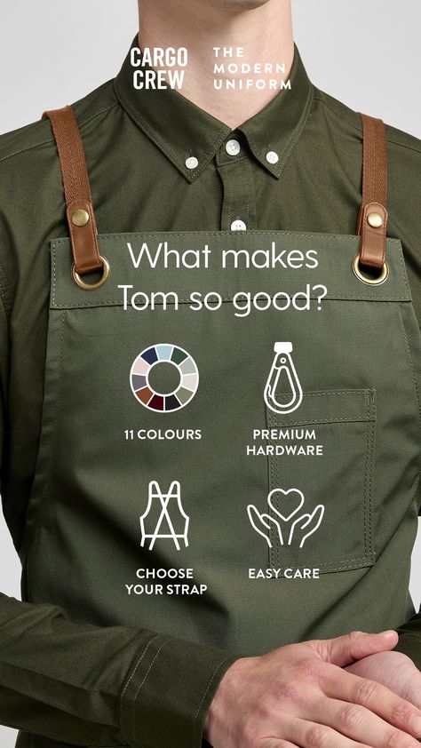 The Cargo Crew Tom Bib Apron is one of the most popular work aprons in the world - with good reason! Tom is build to work with premium hardware details that will last, and modern style details that can be easily styled to suit any business from a casual cafe to a fine dining restaurant. Branded Aprons, Work Apron, Cross Back Apron, Corporate Uniforms, Dining Restaurant, Work Aprons, Bib Apron, Apron Designs, Fine Dining Restaurant