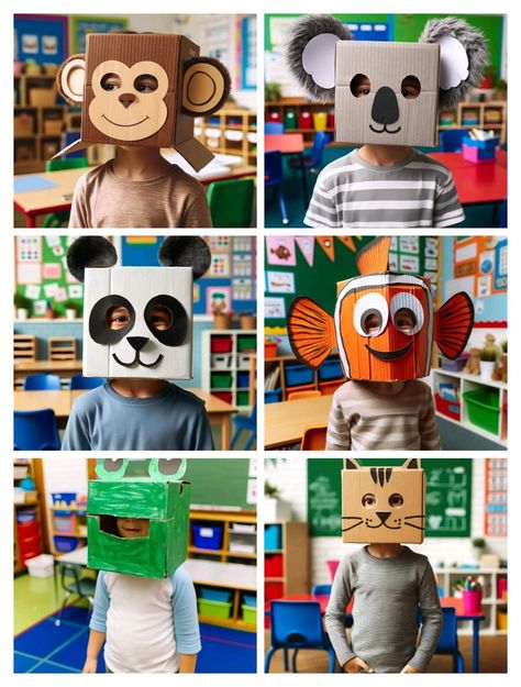 Animals Masks For Kids Crafts, Diy Animal Masks For Kids, Diy Animal Costume, Cardboard Box Costume, Animal Masks Diy, Freehand Crochet, Animal Costumes For Kids, Classic 80s Movies, Animal Masks For Kids