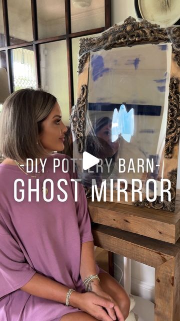 How To Decorate A Mirror For Halloween, Ghostly Mirror Diy, Spooky Mirror Halloween, Ghost Mirror Diy, Halloween Mirror Diy, Diy Halloween Mirror, Creepy Mirror, Fun House Mirror, Halloween Hologram