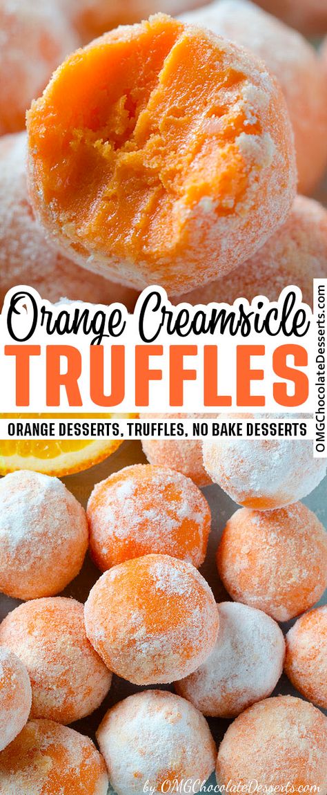 Delicious orange truffles that will remind you of all the creamsicle treats you had as a kid. Easy to make and a great snack for parties! #orange #truffles #creamsicle #nobake #dessert Orange Creamsicle Truffles, Cheesecake Egg Rolls, Creamsicle Truffles, Orange Truffles, Nobake Dessert, Egg Rolls Recipe, Orange Dessert, Craving Chocolate, Truffles Recipe