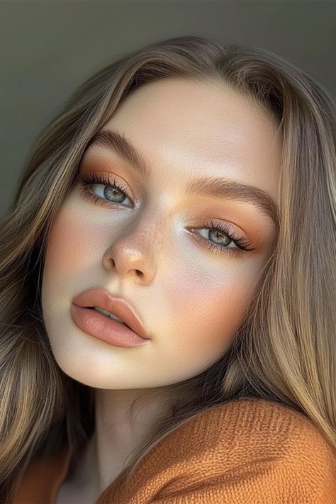 #makeuplover #beautyobsessed #makeupaddict #glamgoals #makeupjunkie #beautycommunity #makeupinspo #makeupobsession #makeupenthusiast #makeupgoals #makeupinspiration #beautylover #makeupcollection #makeupmusthaves #makeuplooks Soft Glam No Eyeshadow, Makeup For Copper Dress, Fall Wedding Makeup For Bride Hazel Eyes, Golden Hour Makeup Looks, Light Medium Contrast Makeup, Youthful Makeup Look, Copper Makeup Look, Light Brown Makeup, Cinnamon Makeup